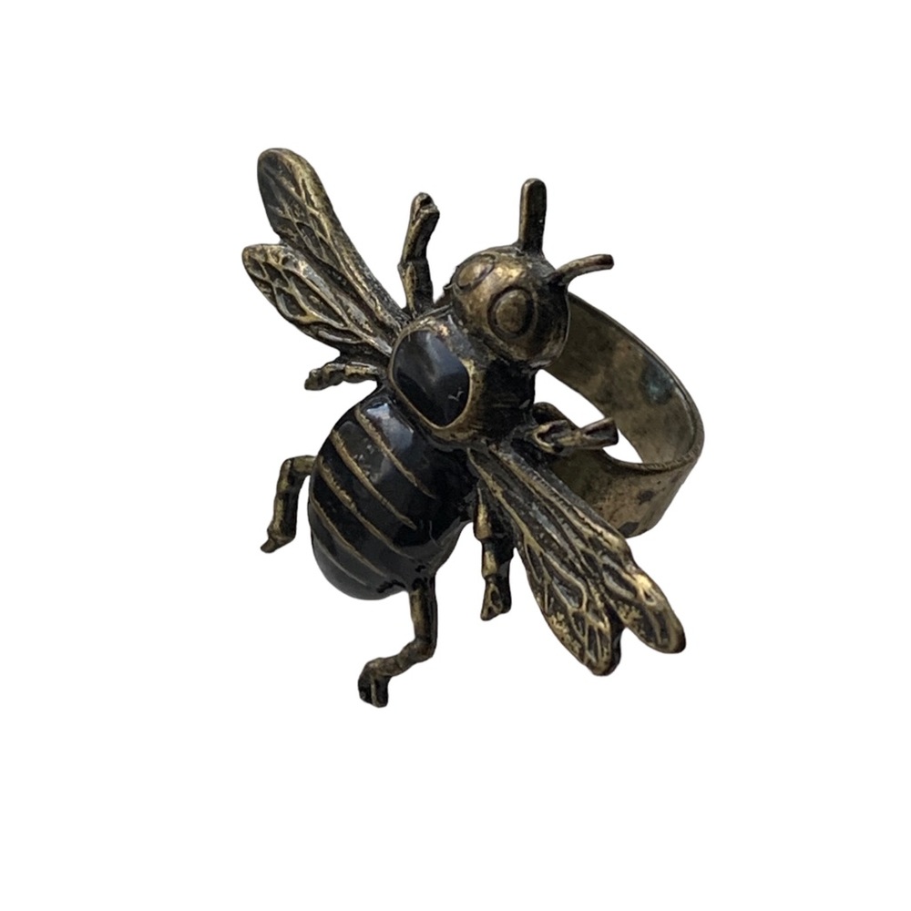 Vintage Bee-Motif Black Enamel & Antique Bronze Adjustable Ring Jewelry Wasps